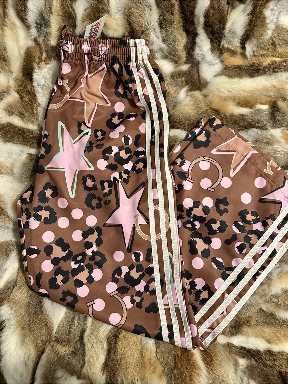 Varsity Rodeo✨Star Leopard Print Track Pants brown and pink with stripes